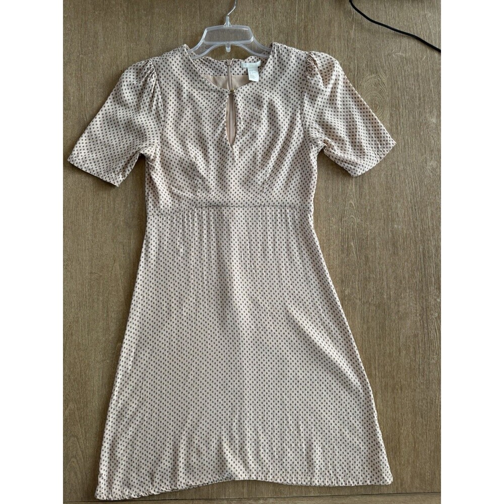 H&M Puff Sleeve Mini Dress Beige Black Floral Print Keyhole Size 4